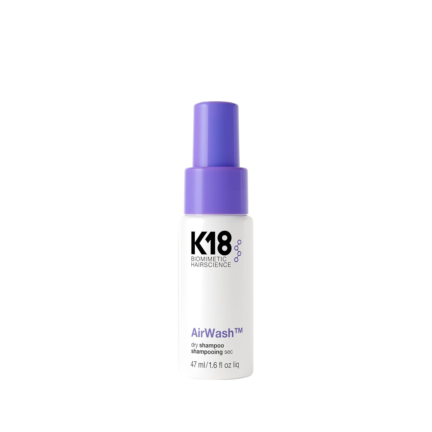 El champú seco K18 AirWash™, sin aerosol, equilibra el cuero cabell...
