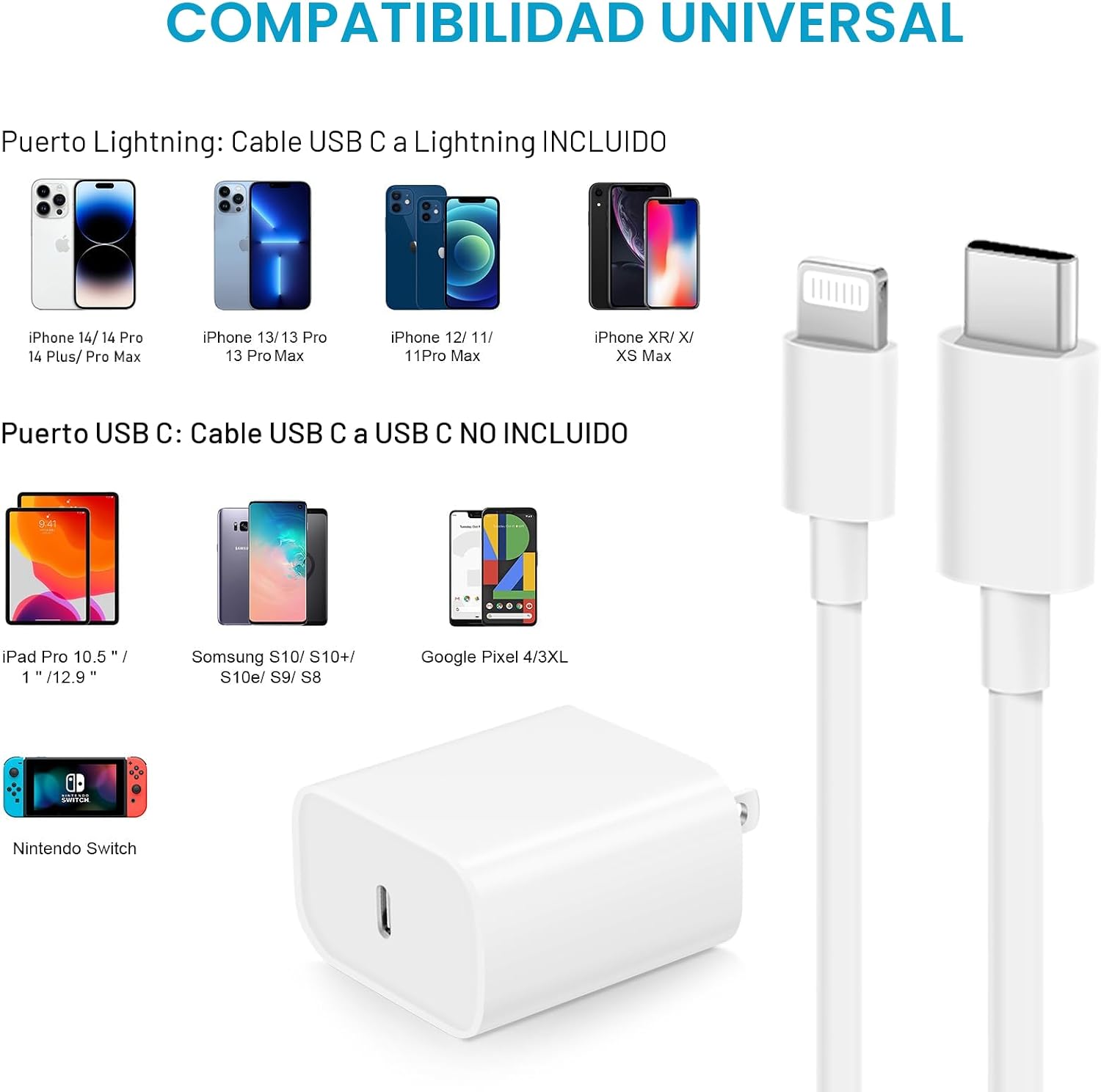 Cargador rápido para iPhone, 3+3 unidades, cargador de pared USB C...