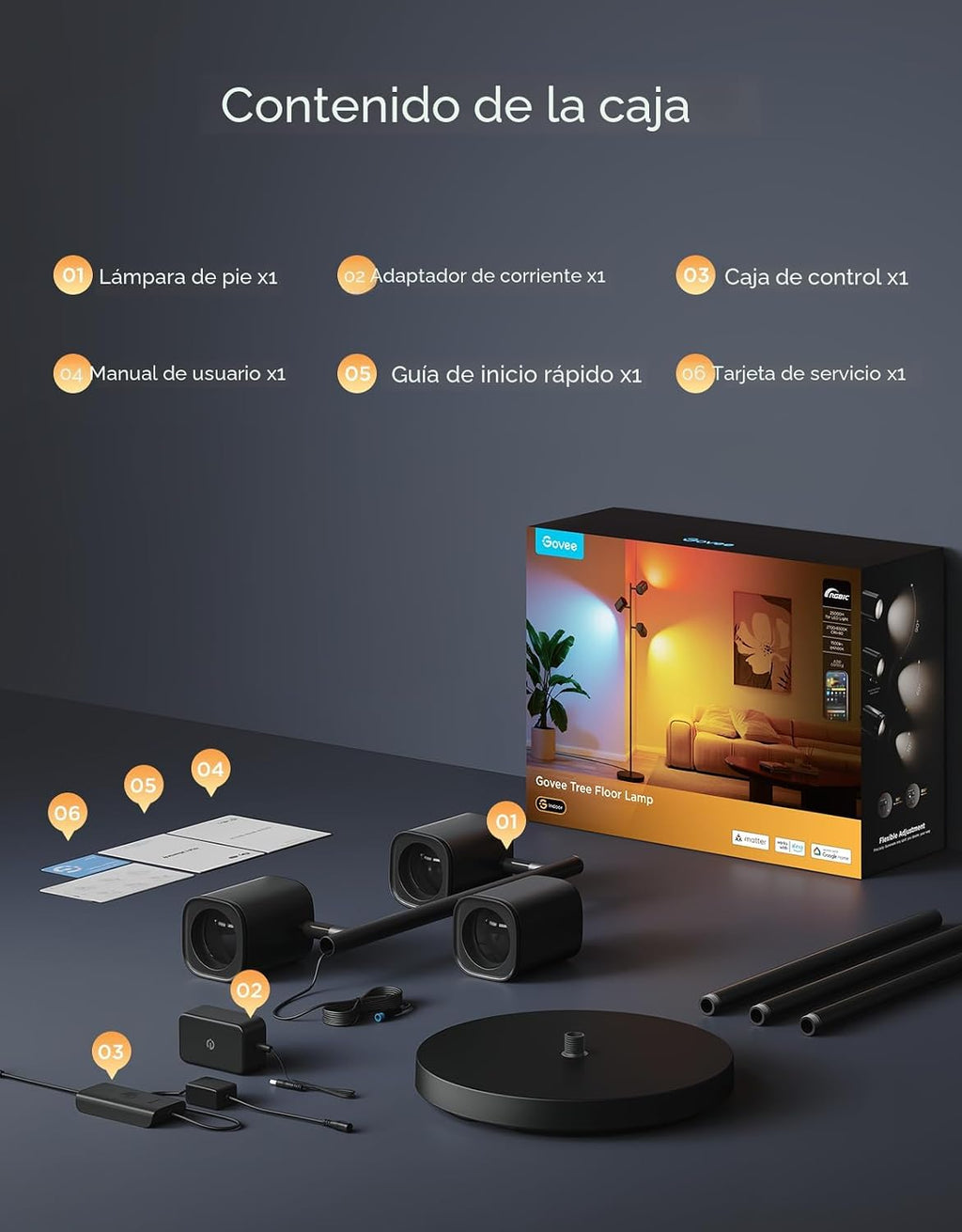 Lámpara de pie Govee en forma de árbol compatible con Matter, 3 luc...