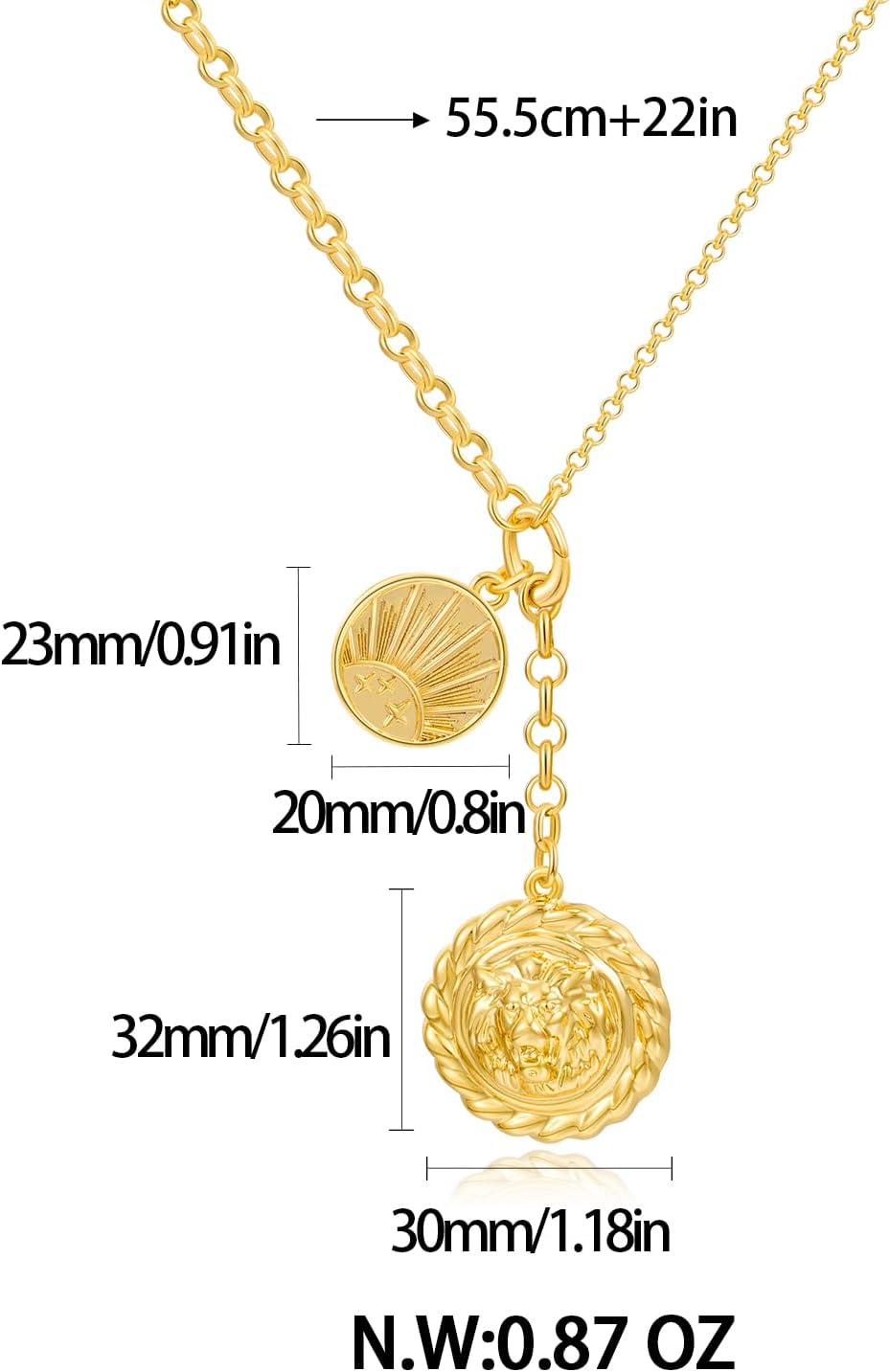 CLASSYZINT Collar con colgante de cabeza de león y moneda de corazó...