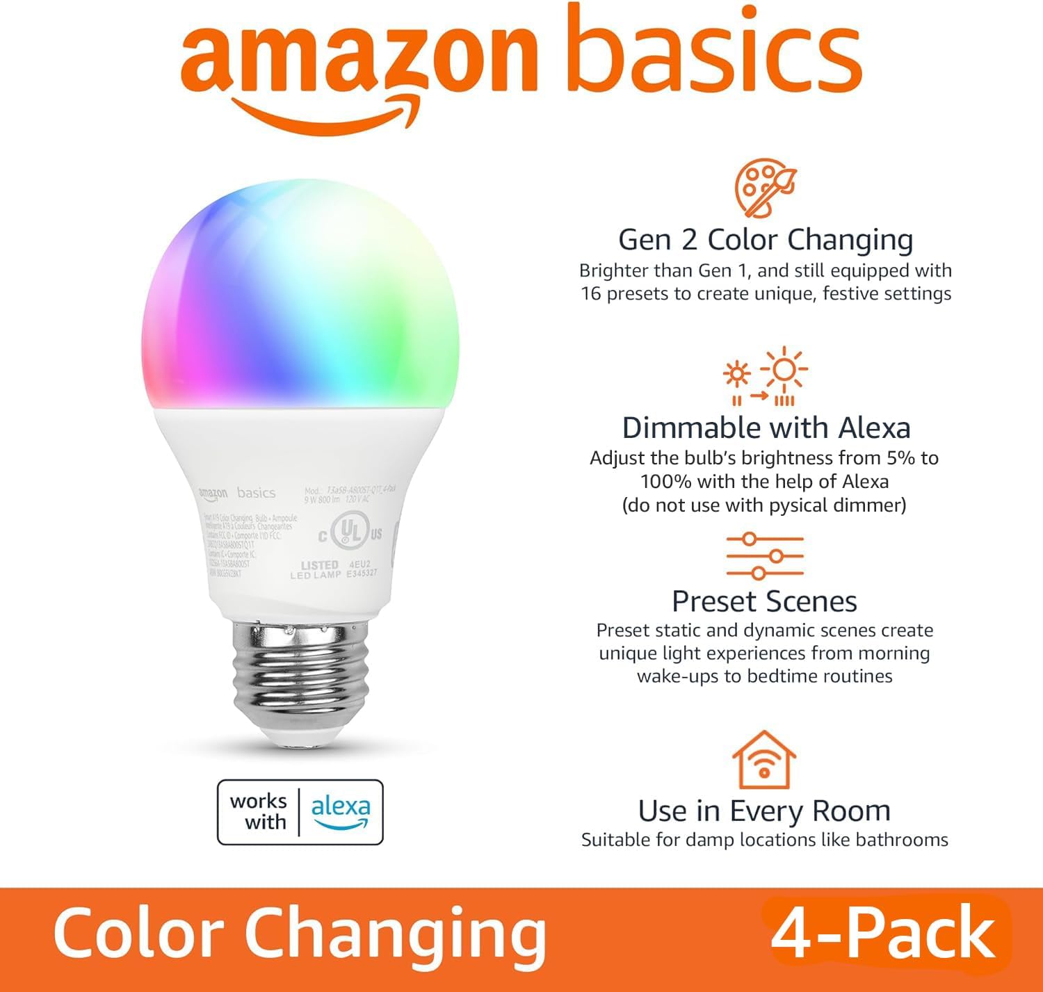 Amazon Basics Bombilla LED inteligente A19, cambio de color, 9 W (e...