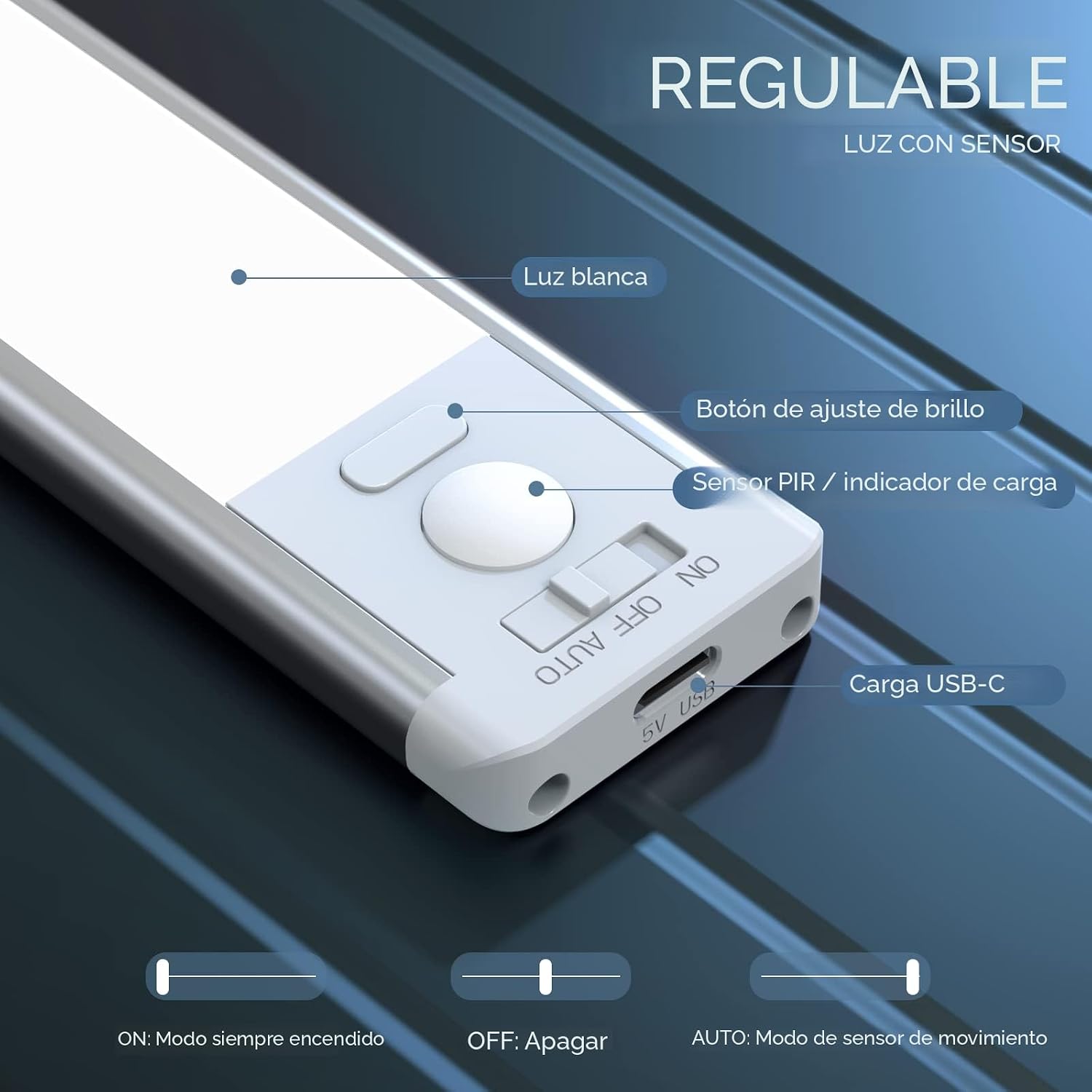 Iluminación para debajo del gabinete, luz recargable con sensor de...