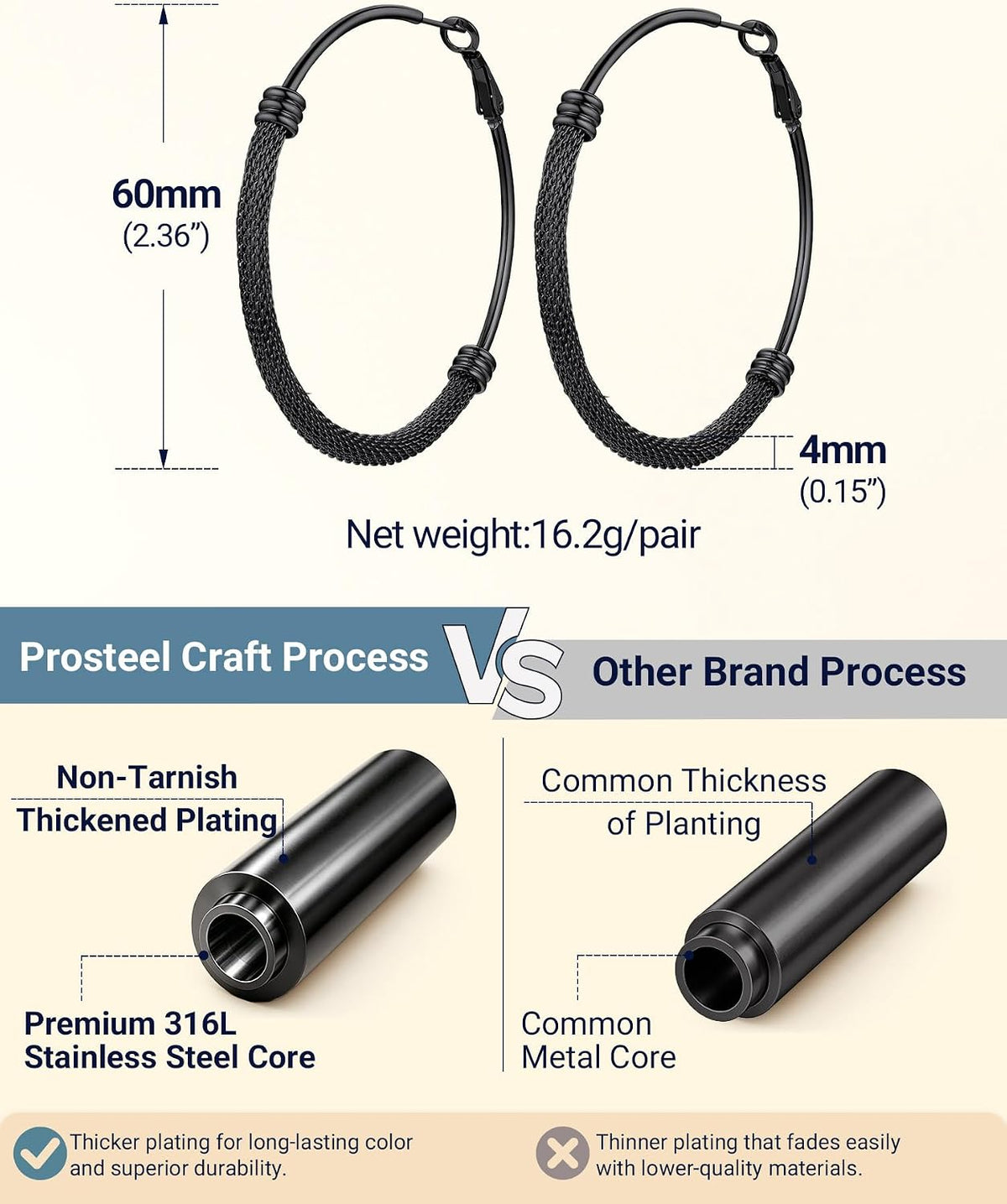 PROSTEEL 12\/16\/24\/32\/40 Pulgadas Aretes de Aro Gruesos para Muj...