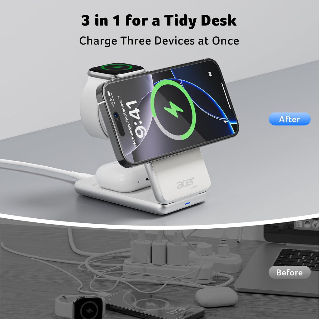 Acer Estación de carga 3 en 1 para iPhone, Soporte de cargador inal...