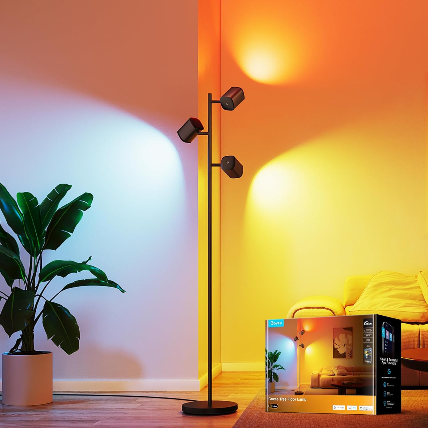Lámpara de pie Govee en forma de árbol compatible con Matter, 3 luc...