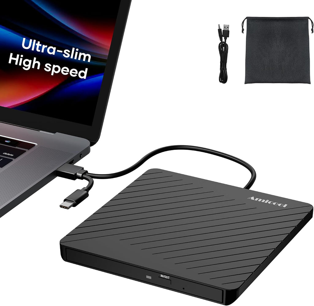 Amicool Grabador externo USB-C USB 3.0 CD\/DVD +\/-RW, lector de DV...