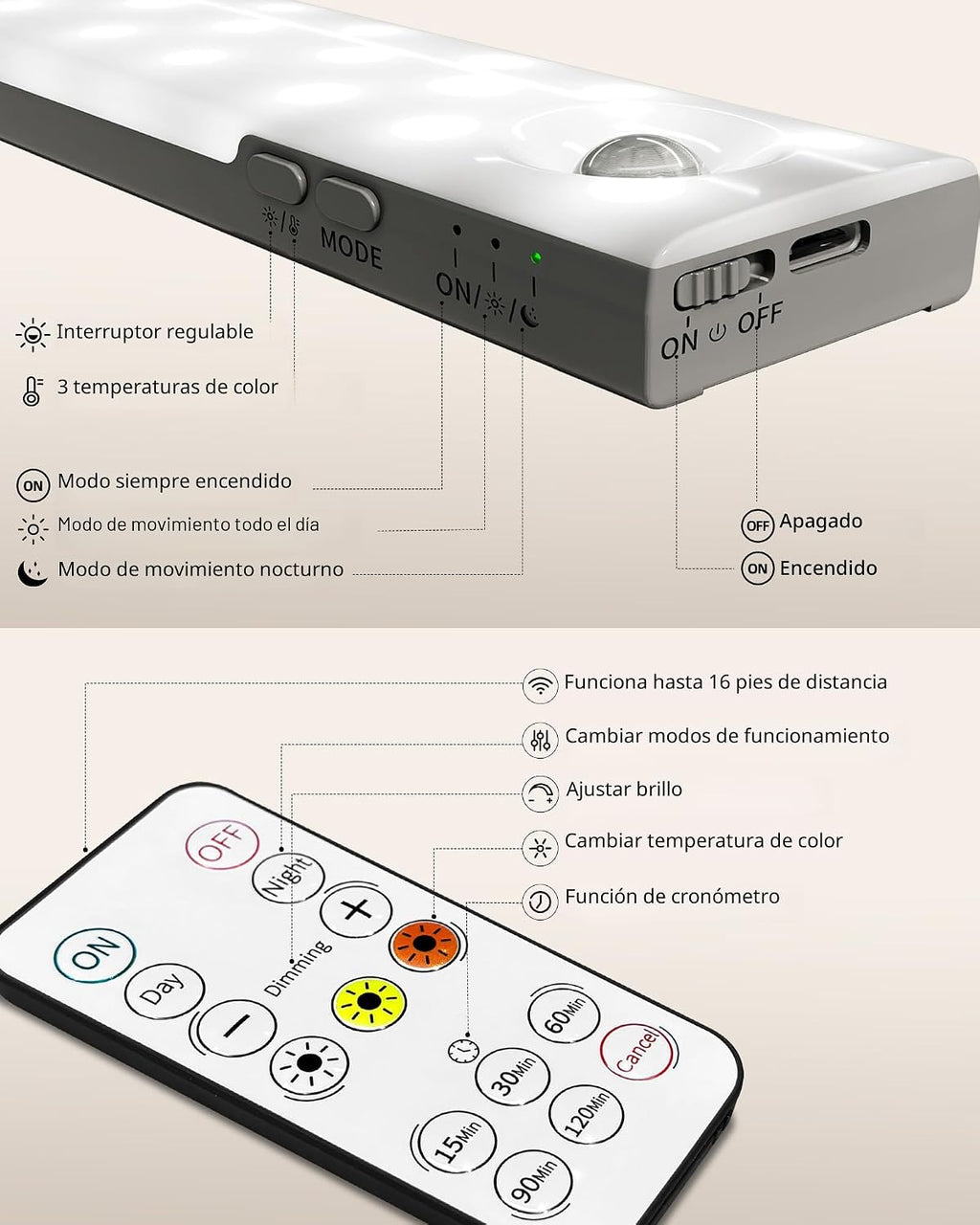 EZVALO Paquete de 3 luces para debajo del gabinete, luces recargabl...