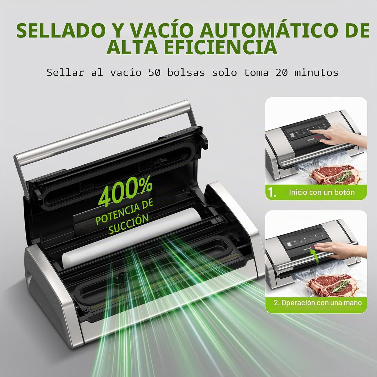 Bonsenkitchen Envasadora al vacío para alimentos, mango de fácil bl...