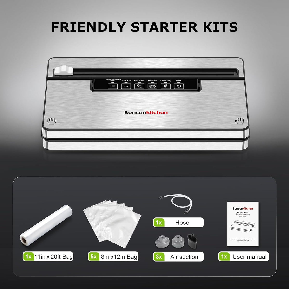 Bonsenkitchen Máquina selladora al vacío,80 kPa Potente Succión,Pla...