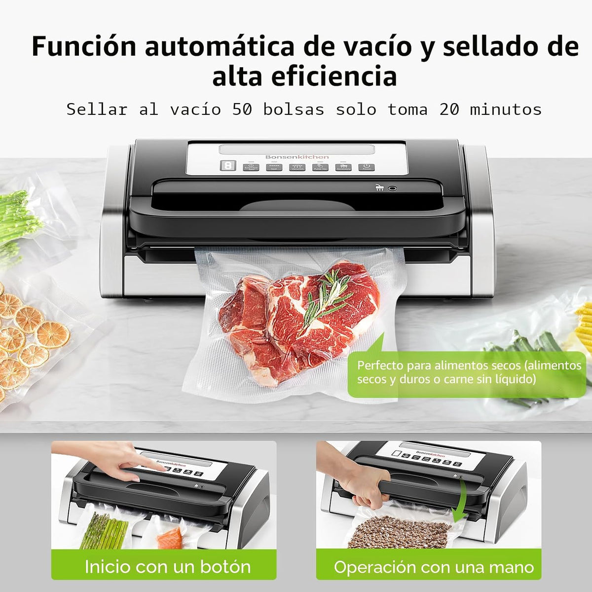Bonsenkitchen Envasadora al vacío con diseño de fácil asa, 1 rollo...