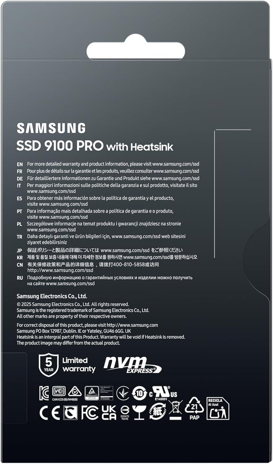 Samsung SSD 9100 PRO con disipador de calor de 1TB, PCIe 5.0x4 M.2...