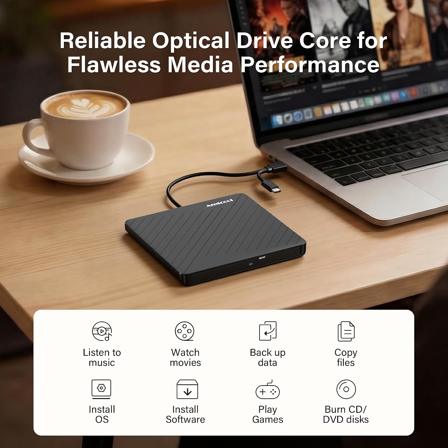 Amicool Grabador externo USB-C USB 3.0 CD\/DVD +\/-RW, lector de DV...