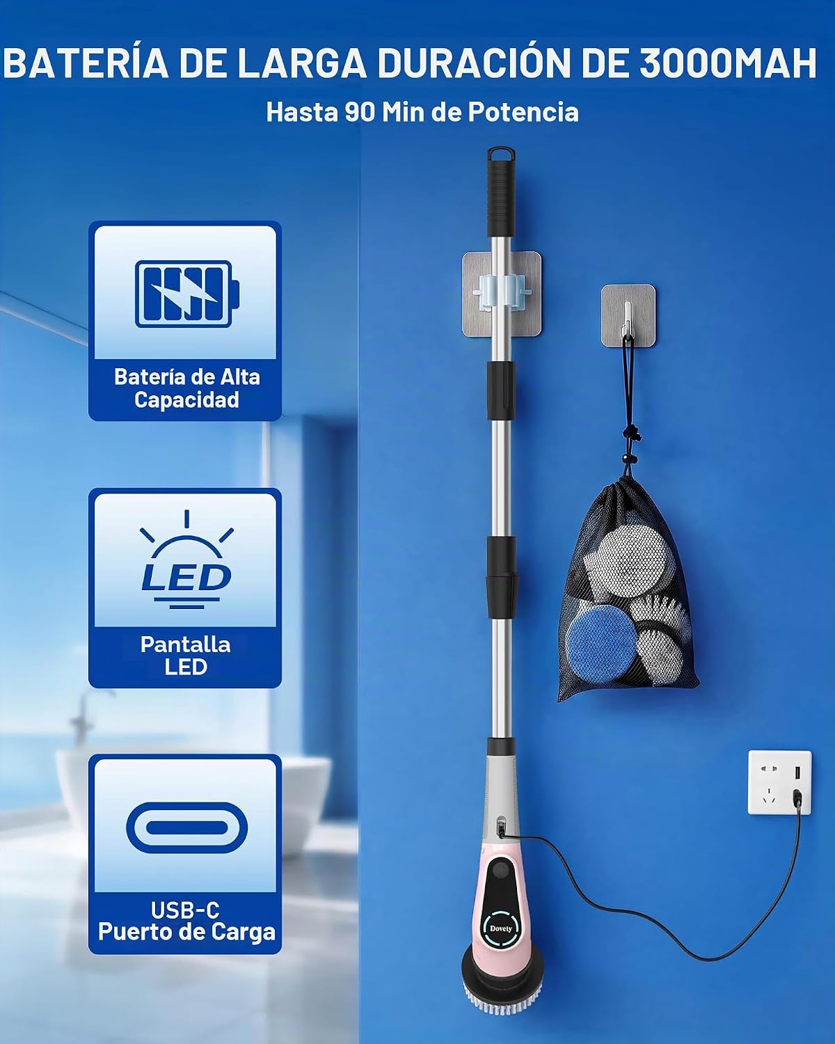 Dovety Depurador eléctrico giratorio, mango extensible, 8 cabezales...