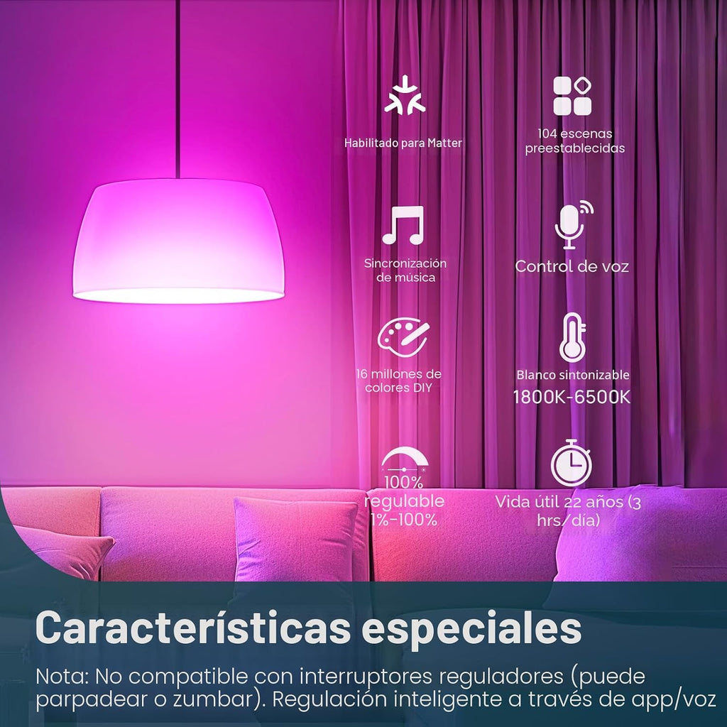 Linkind Matter - Bombilla inteligente de 1600 lúmenes, 100 W, funci...