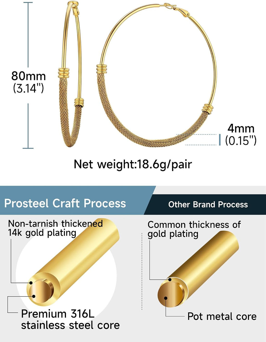 PROSTEEL 12\/16\/24\/32\/40 Pulgadas Aretes de Aro Gruesos para Muj...