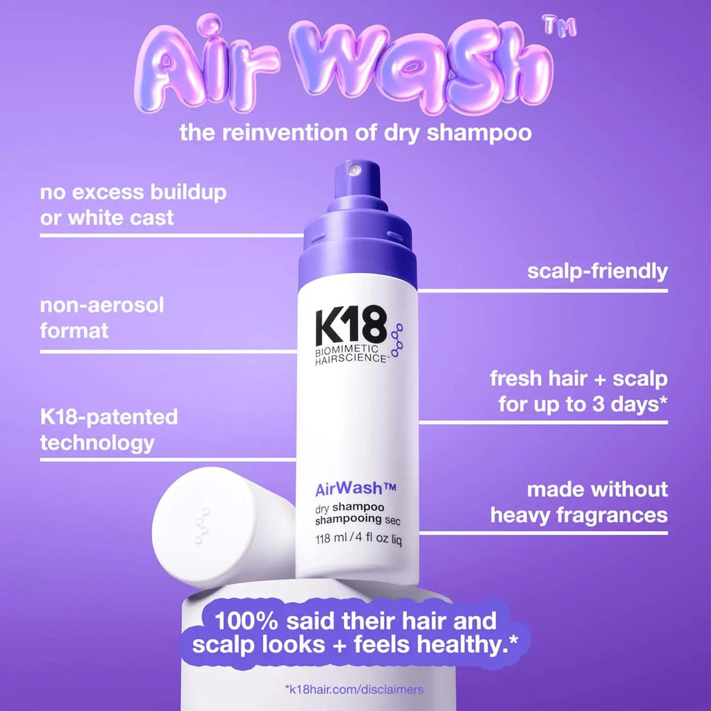 El champú seco K18 AirWash™, sin aerosol, equilibra el cuero cabell...