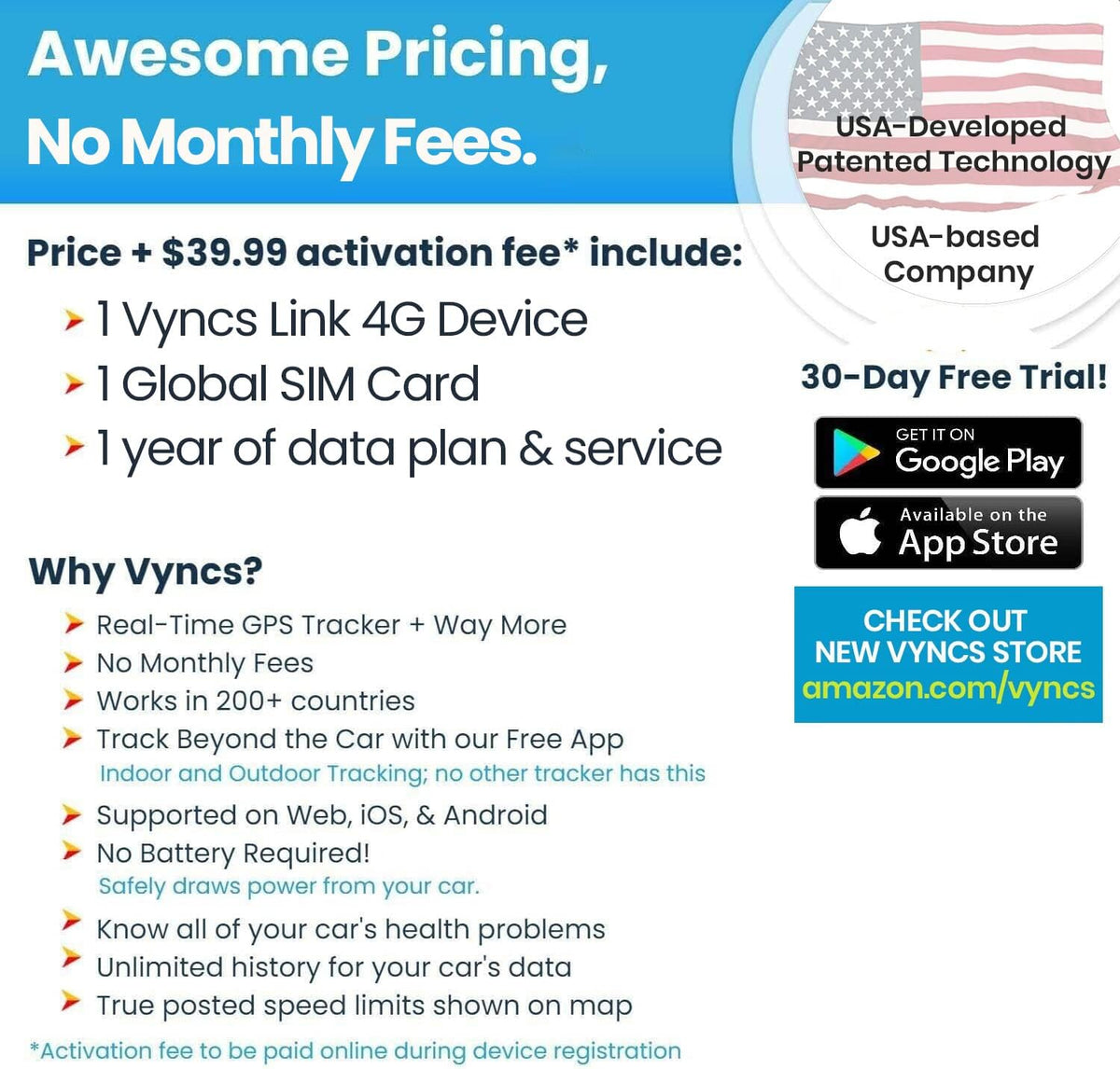 Vyncs enlace OBD conectado para auto sin pago mensual, GPS de auto...
