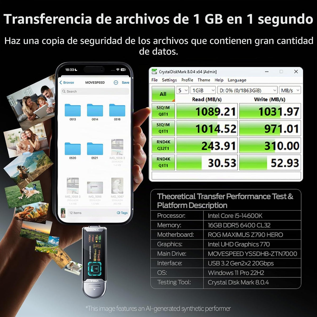 MOVE SPEED Unidad USB de 512 GB con pantalla inteligente 1090 MB\/s...