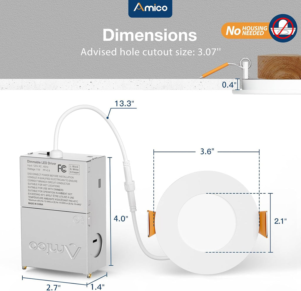 Amico Paquete de 12 luces LED empotrables ultrafinas de 3 pulgadas...