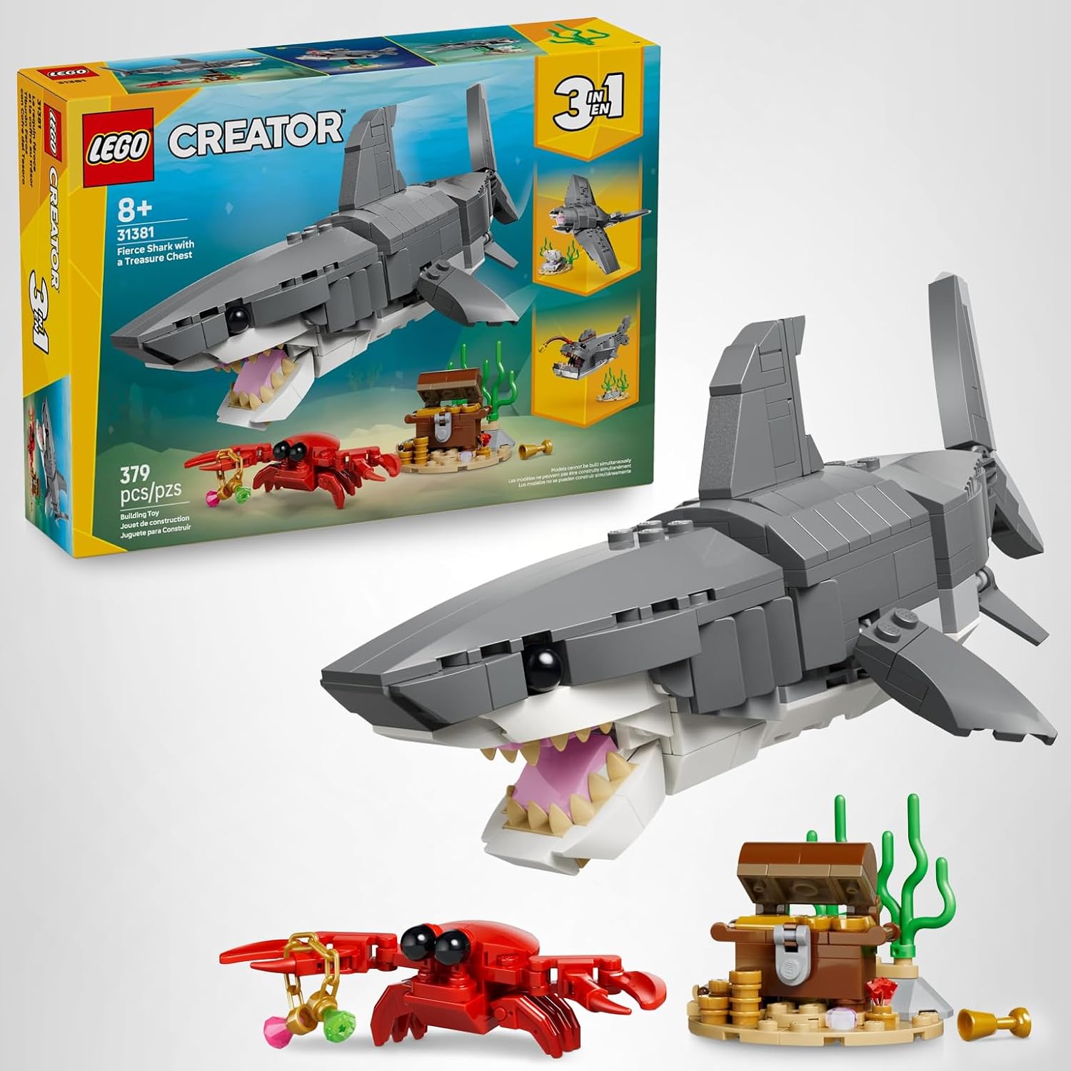 LEGO Creator - Juguete de construcción de tiburón feroz con cofre d...