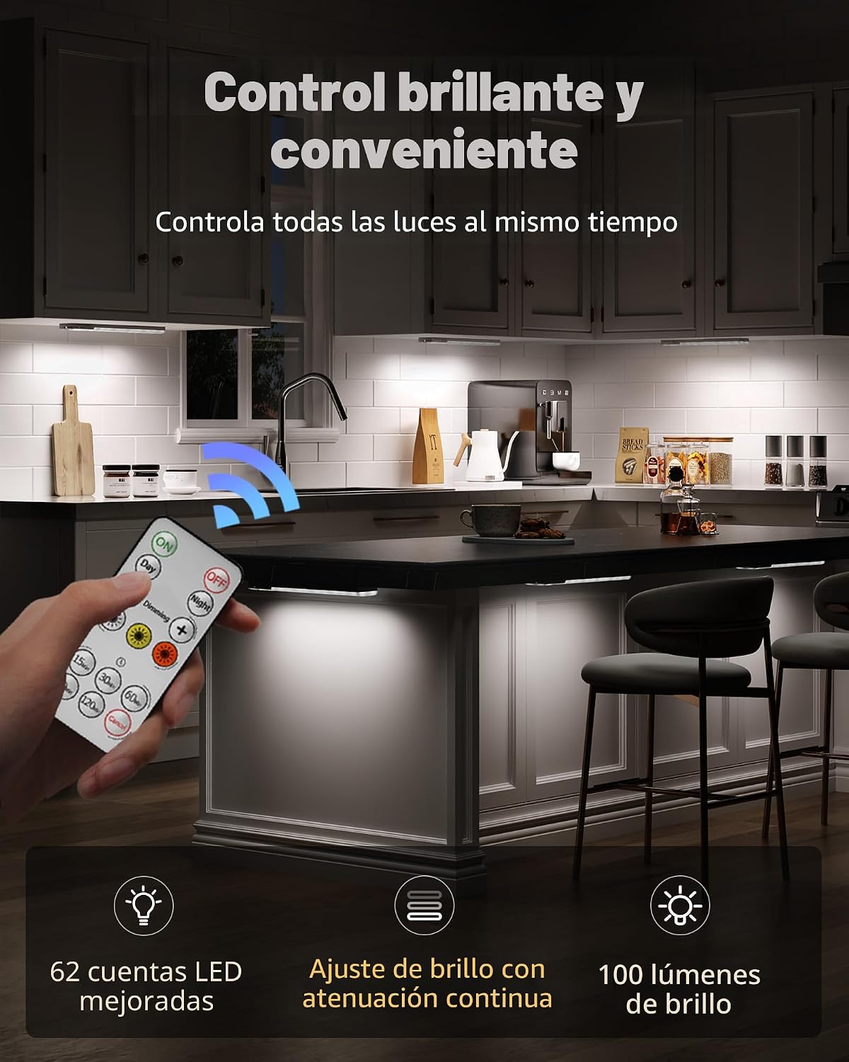 EZVALO Paquete de 3 luces para debajo del gabinete, luces recargabl...