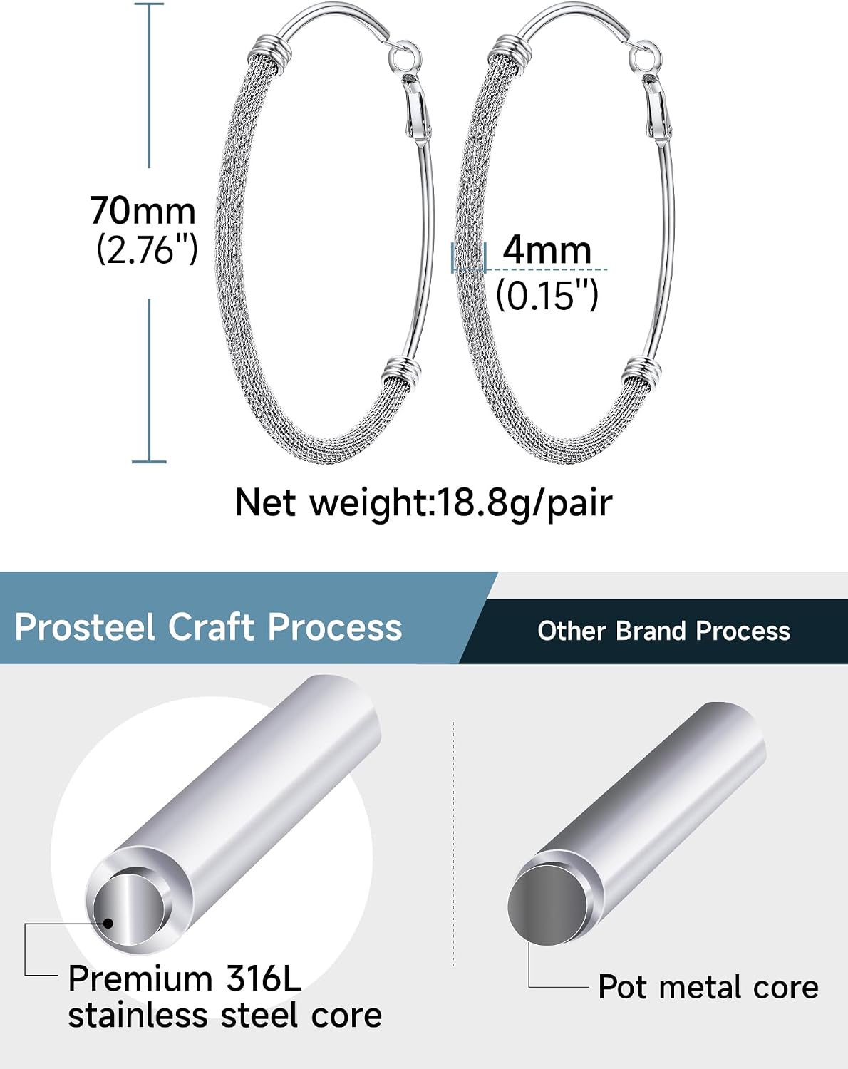 PROSTEEL 12\/16\/24\/32\/40 Pulgadas Aretes de Aro Gruesos para Muj...