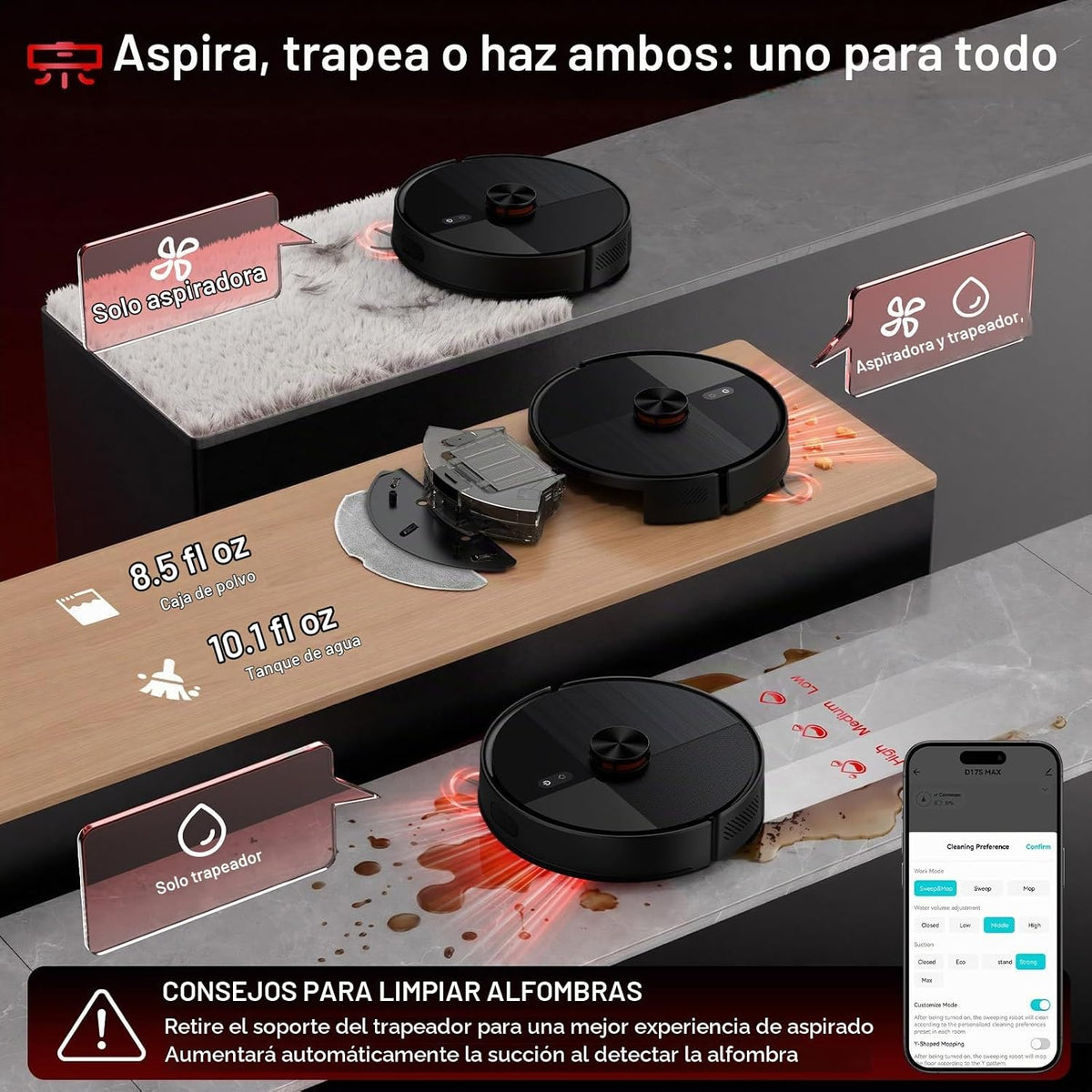 LVKANGDA Robot aspiradora de suelo D17S MAX 0821B, 12,000 Pa Robot...