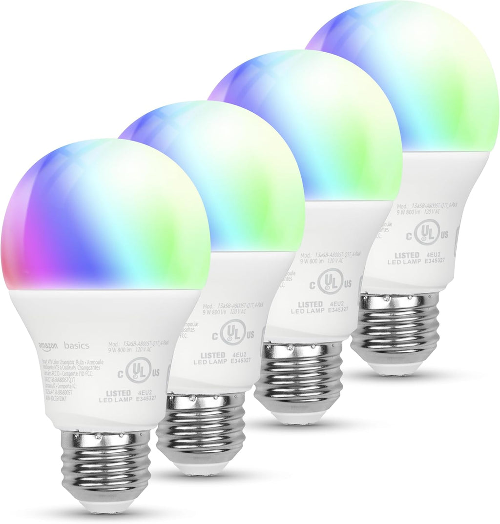 Amazon Basics Bombilla LED inteligente A19, cambio de color, 9 W (e...