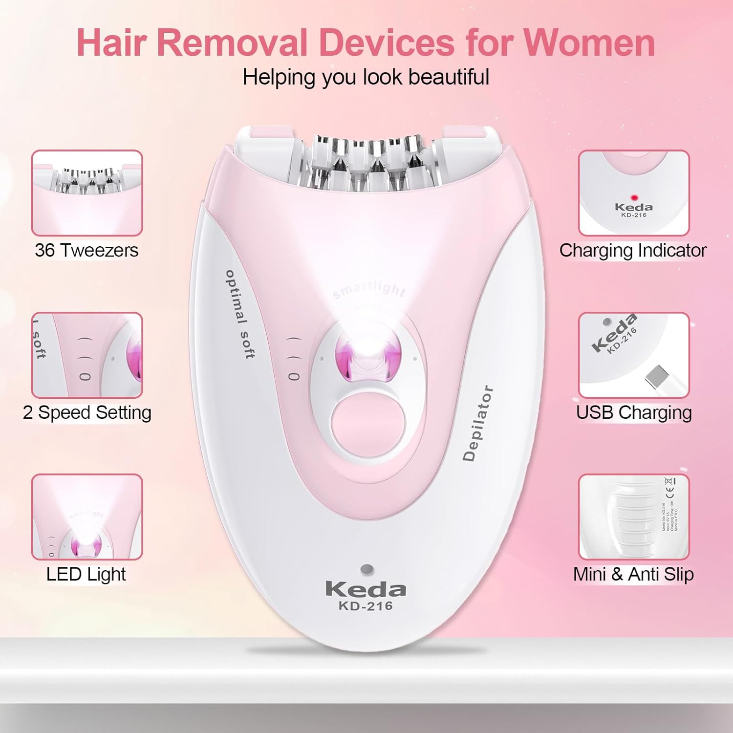 Depiladora para mujer, dispositivo de depilación facial de 2 veloci...