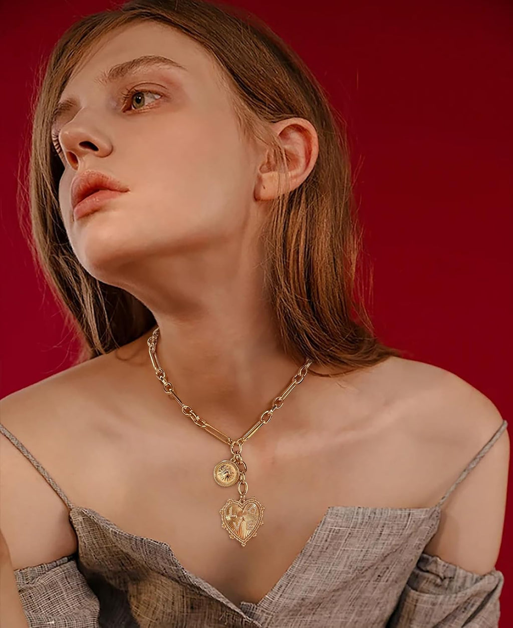 CLASSYZINT Collar con colgante de cabeza de león y moneda de corazó...