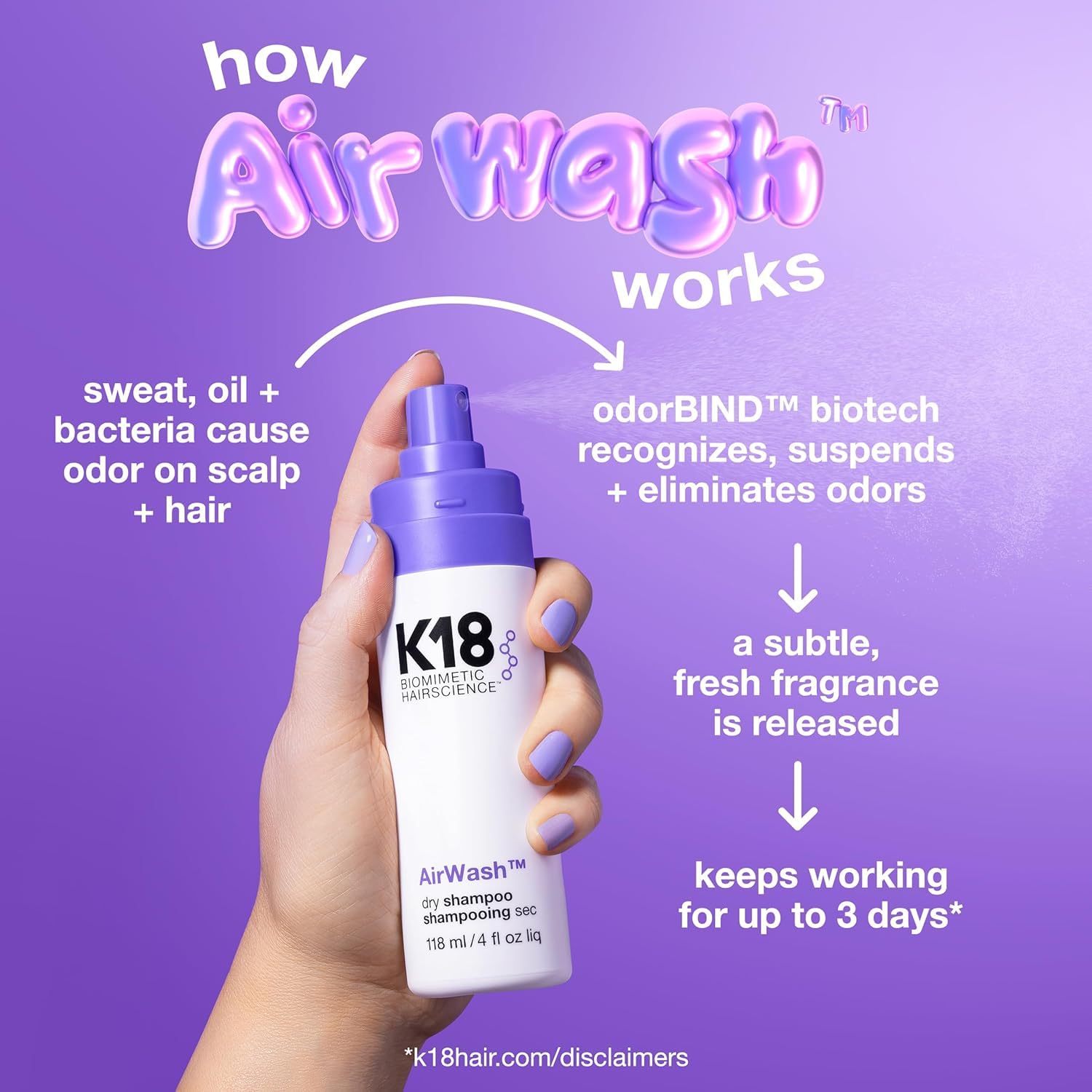 El champú seco K18 AirWash™, sin aerosol, equilibra el cuero cabell...