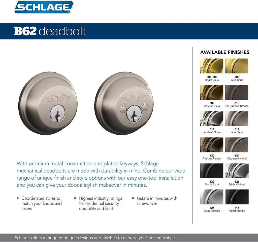 Schlage B62N621 - Cerrojo de seguridad con vestidura estándar con l...