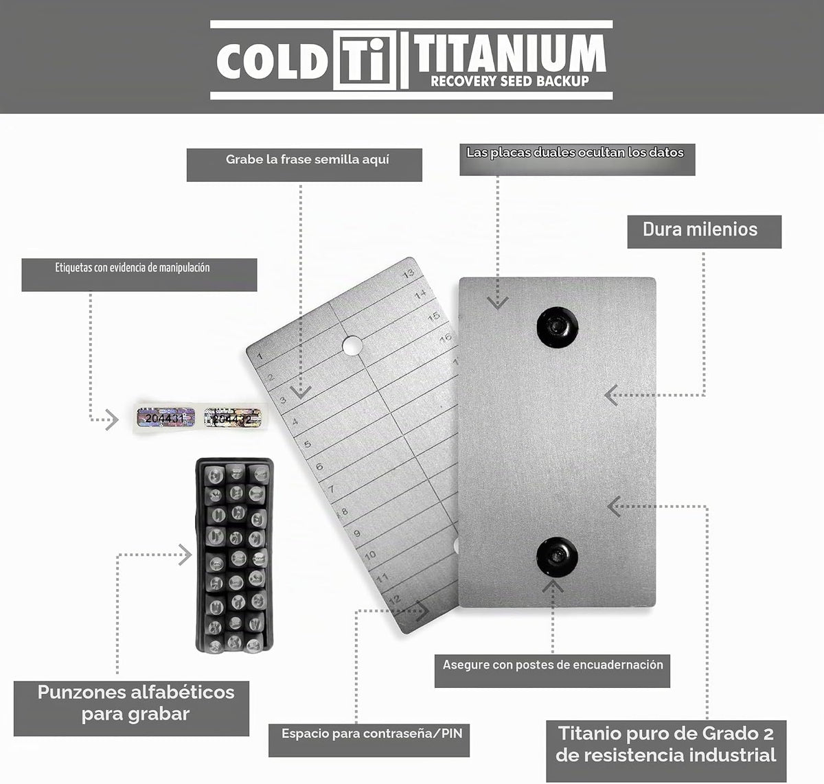 ColdTi - Placas de Titanio para Semillas de Bitcoin para Almacenami...