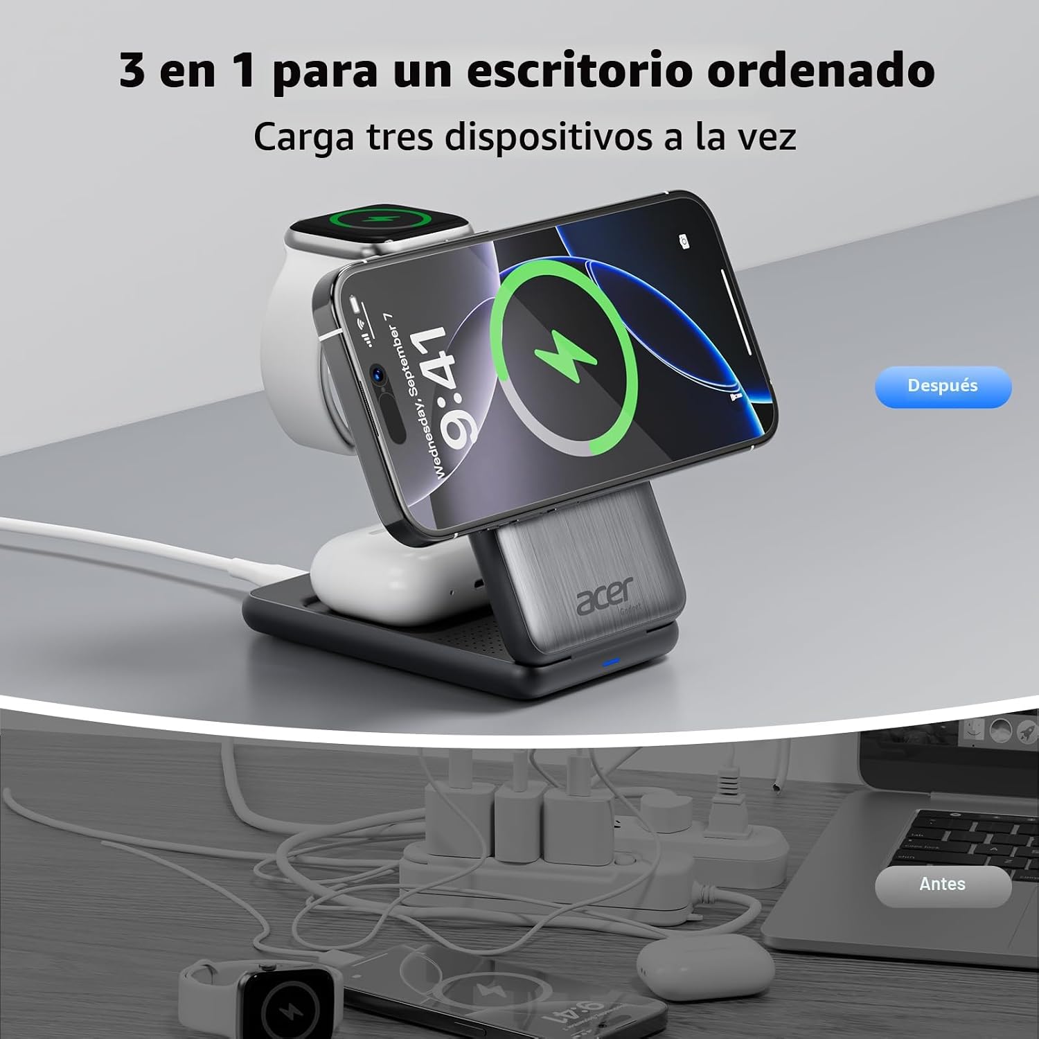 Estación de carga 3 en 1 de Acer para iPhone, soporte de cargador i...
