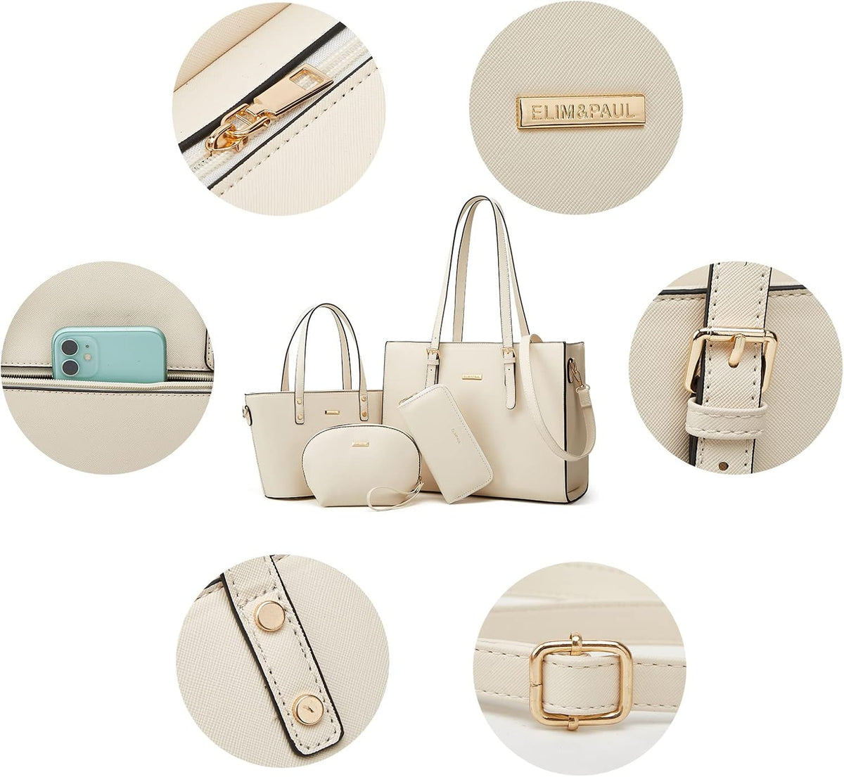 Juego de 4 bolsas modernos para mujer de cuero sintético: bolso tot...