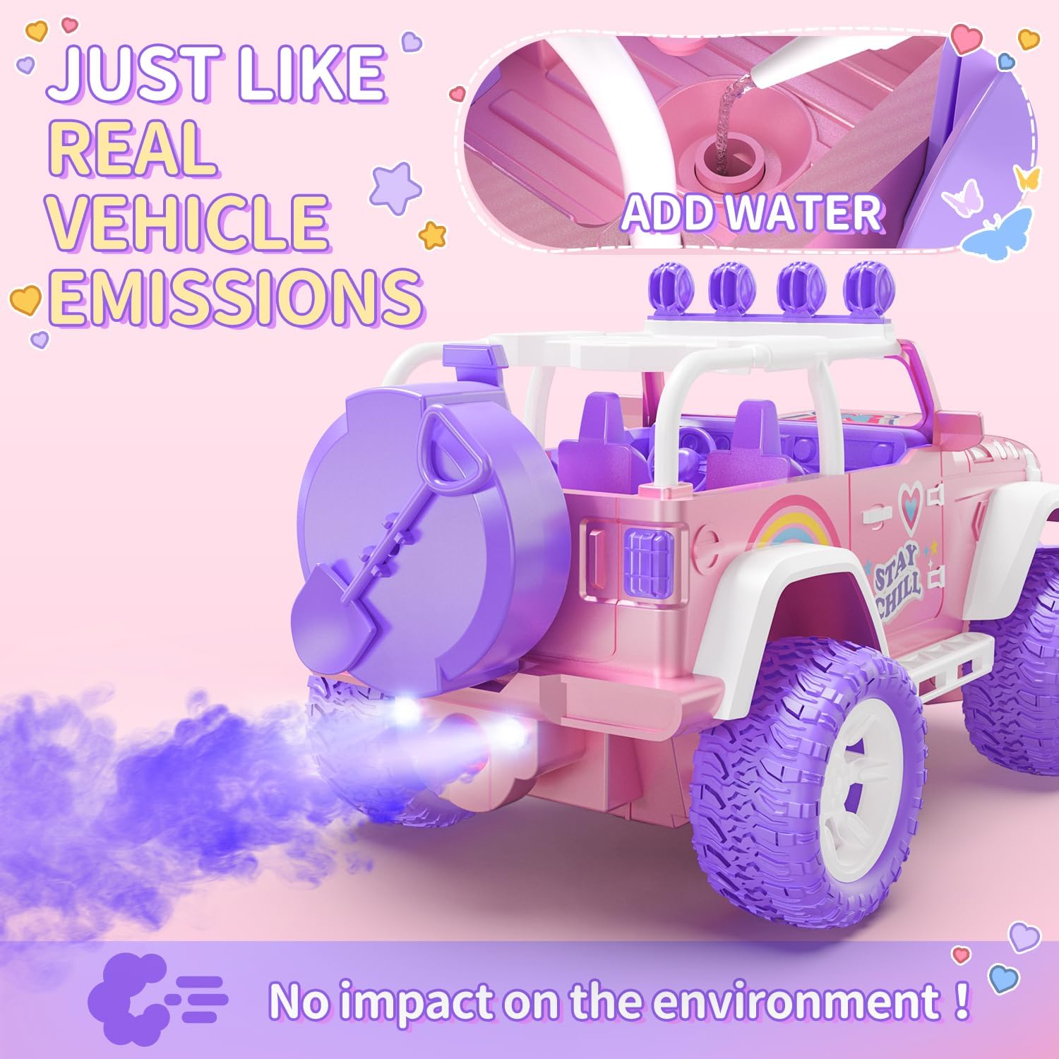 DEERC Coche de control remoto rosa para niñas con niebla y vapor y...