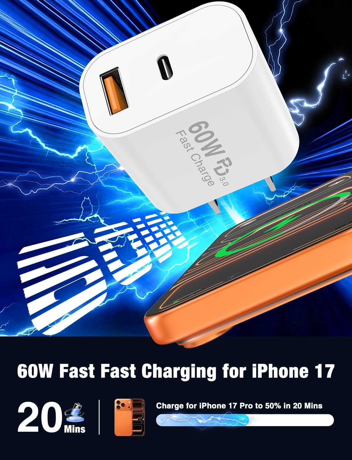 deloni Cargador rápido USB C de 60 W para iPhone 17\/16\/15 Pro Max...