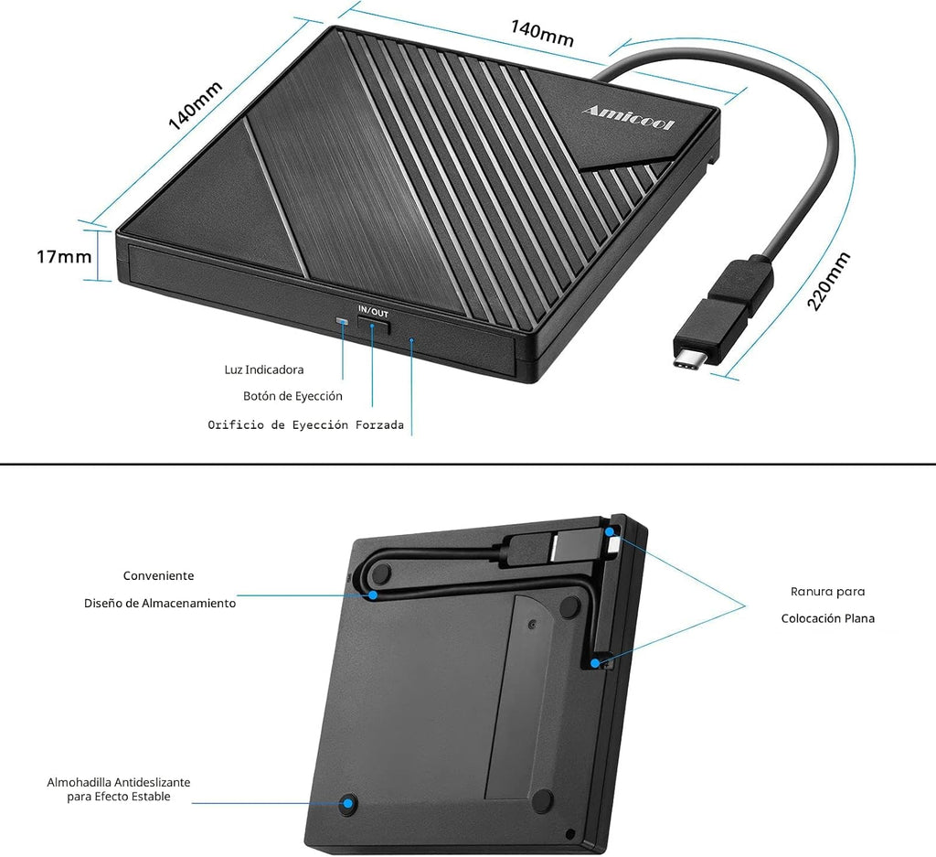 Amicool Unidad de DVD externa USB 3.0 USB C Grabadora de CD CD\/DVD...
