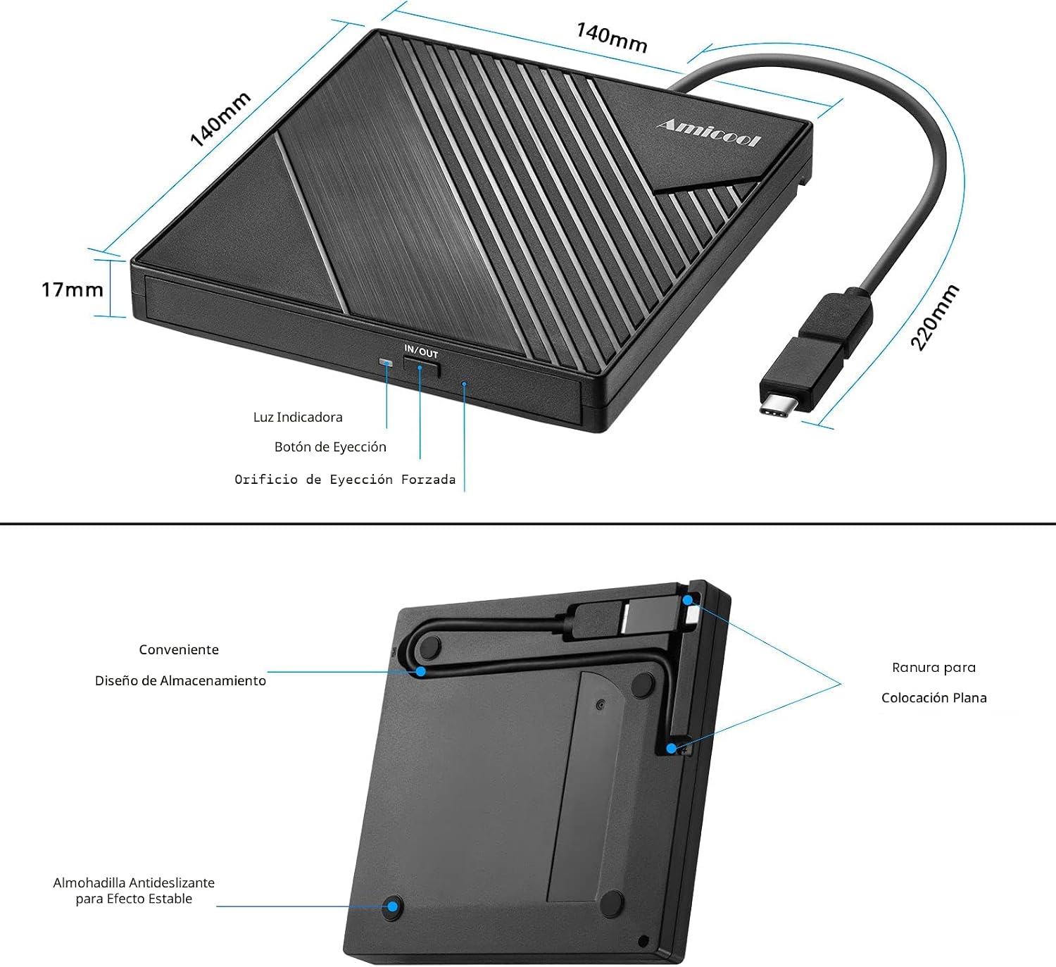 Amicool Unidad de DVD externa USB 3.0 USB C Grabadora de CD CD\/DVD...