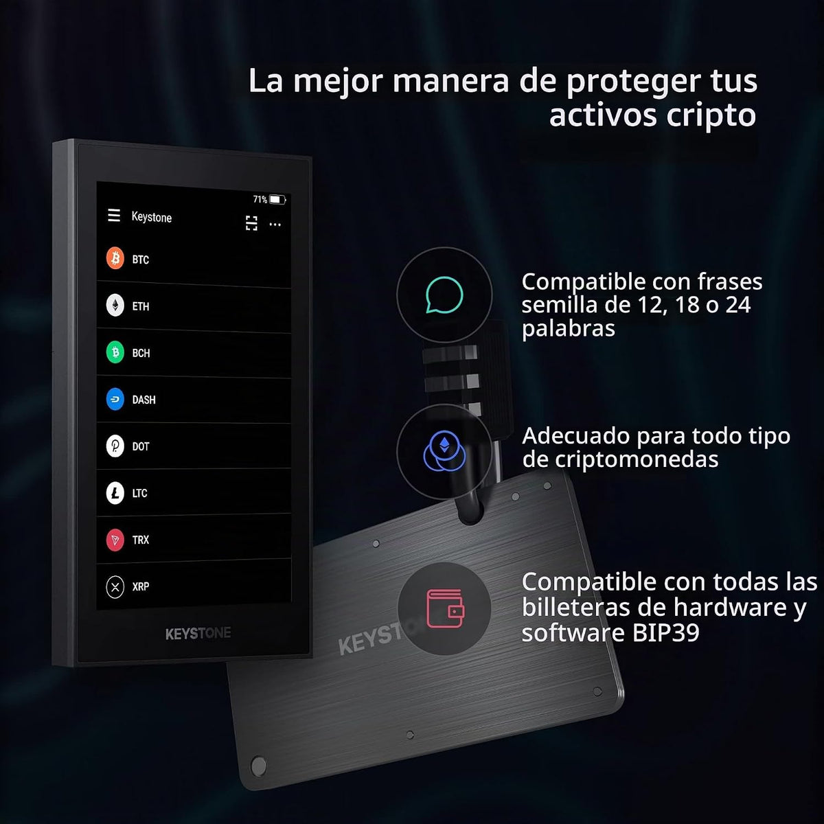 KEYSTONE Almacenamiento de semillas criptográficas, cartera de meta...