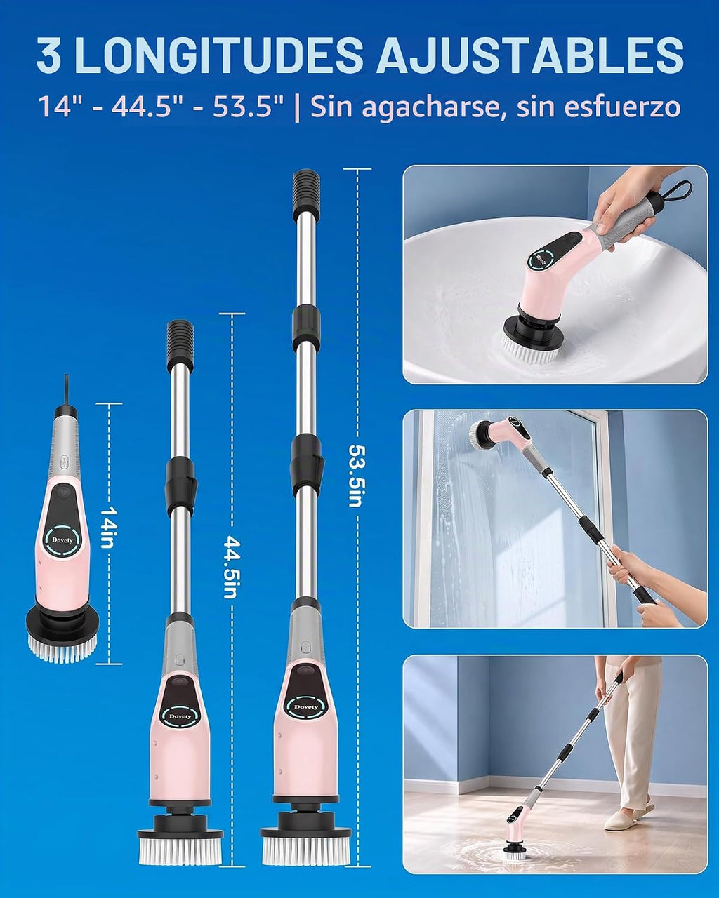 Dovety Depurador eléctrico giratorio, mango extensible, 8 cabezales...