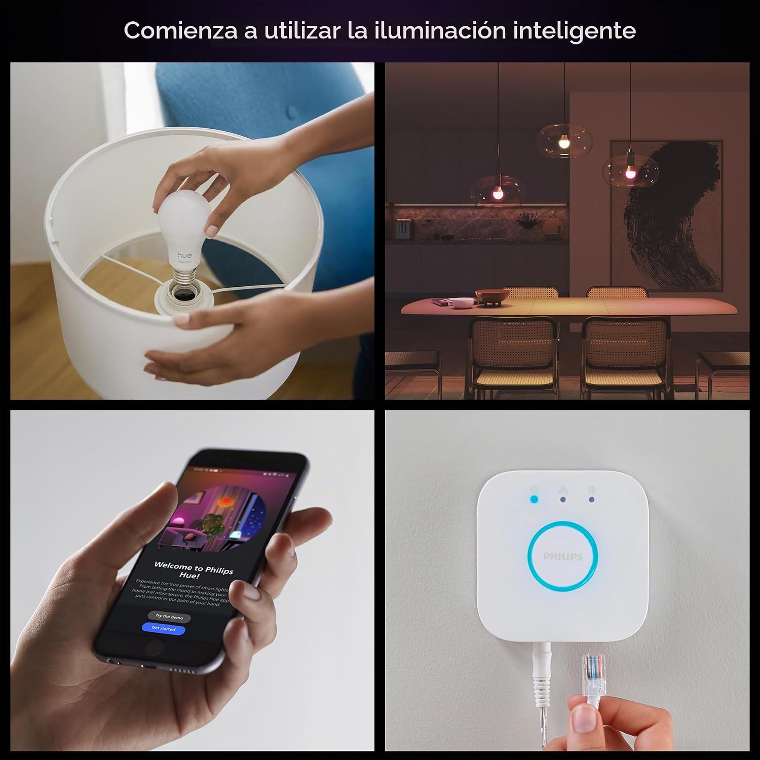 Kit básico esencial de Philips Hue: Bridge + 4 bombillas inteligent...