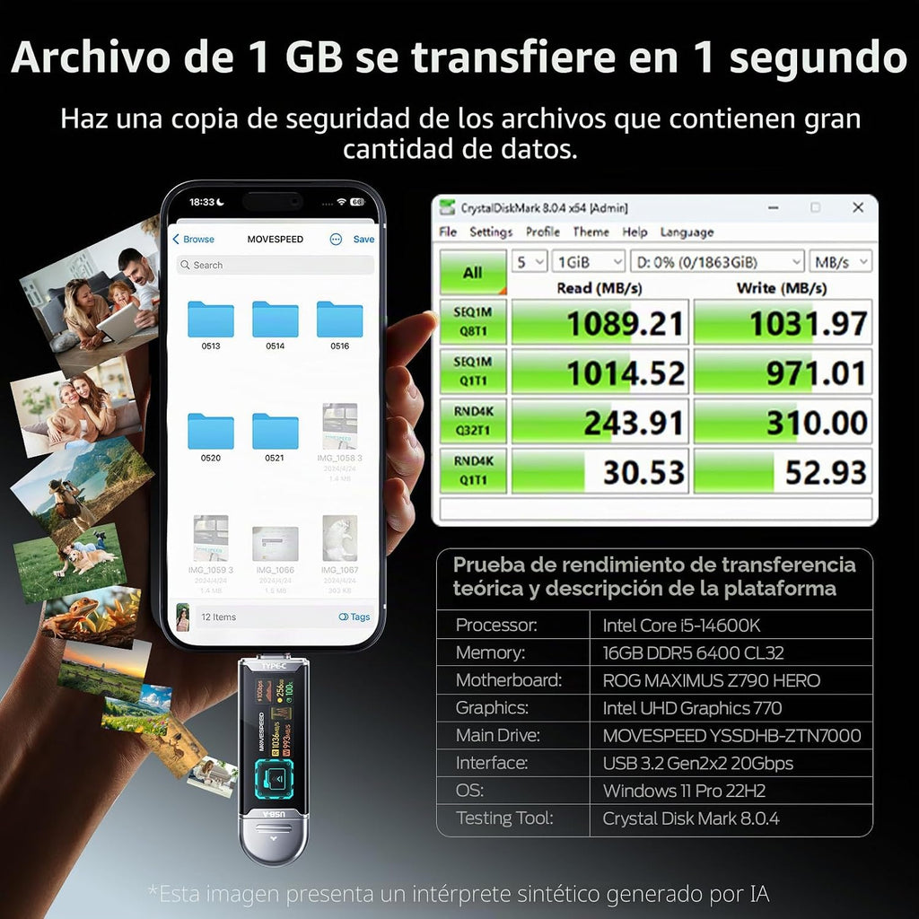 MOVE SPEED Unidad USB de 256 GB con pantalla inteligente 1090 MB\/s...