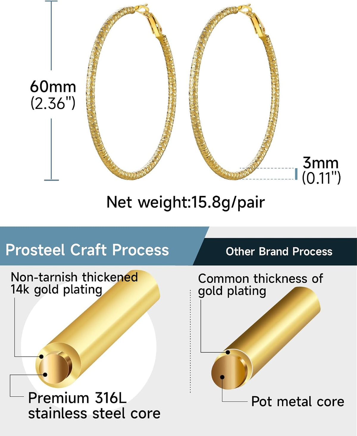 PROSTEEL 12\/16\/24\/32\/40 Pulgadas Aretes de Aro Gruesos para Muj...