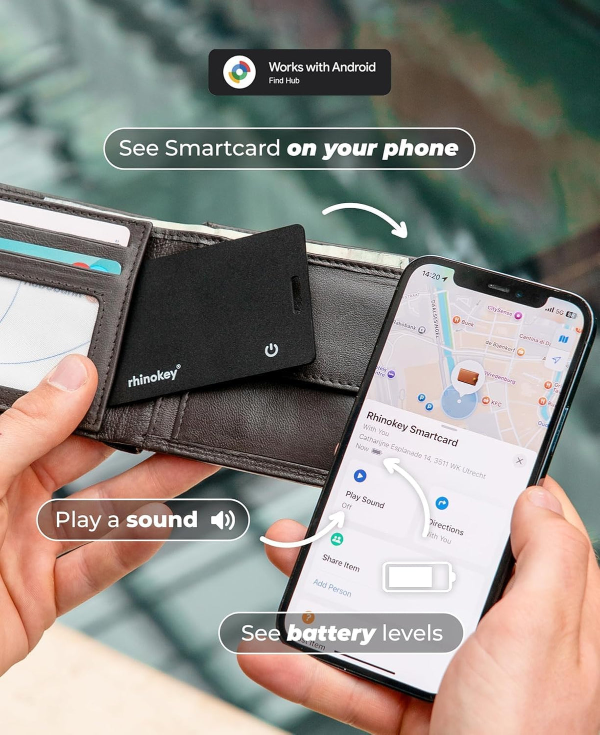 Rhinokey® Wallet Tracker Card funciona con Find Hub recargable de G...