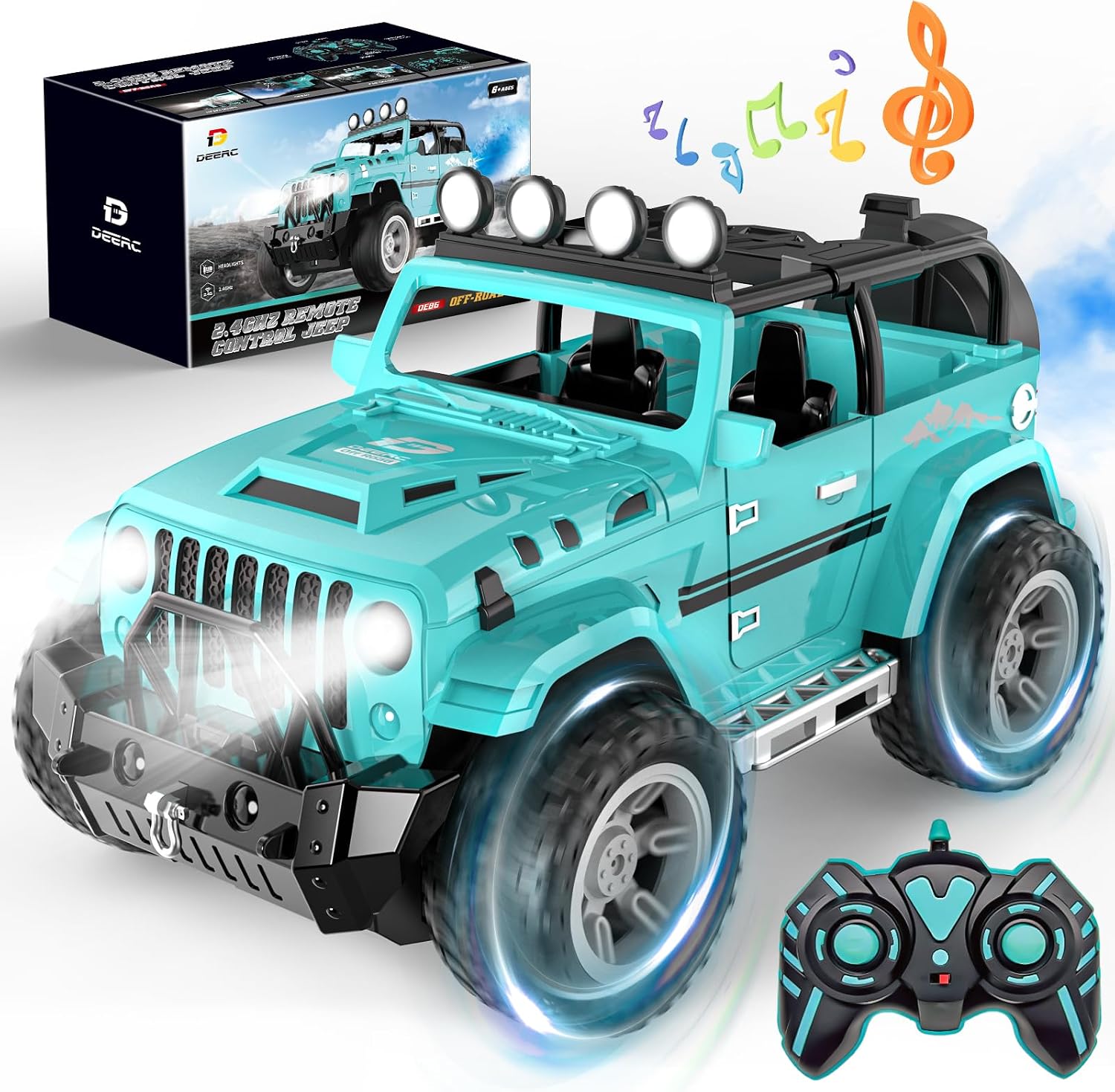 DEERC Coche de Control Remoto con Neblina y Música, Camión de Contr...