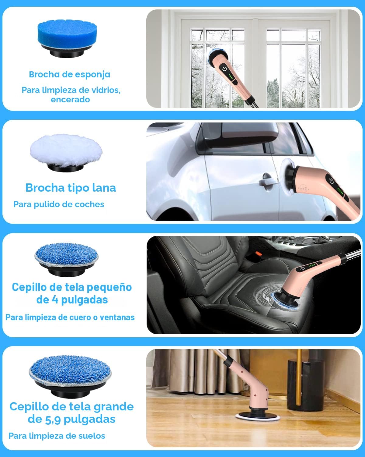 Leebein - Escobilla eléctrica giratoria, cepillo de limpieza inalám...