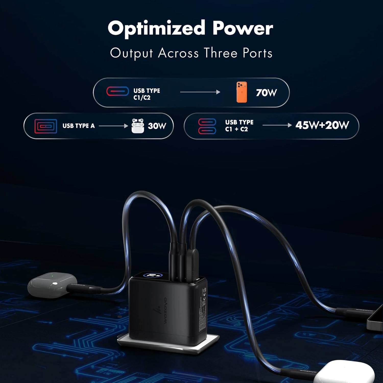 Cargador Wozoyo GaN inteligente LED de 70 W, carga superrápida 2.0...