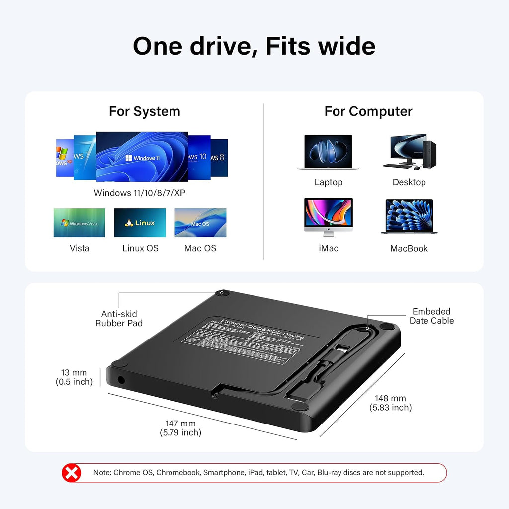 Amicool Grabador externo USB-C USB 3.0 CD\/DVD +\/-RW, lector de DV...