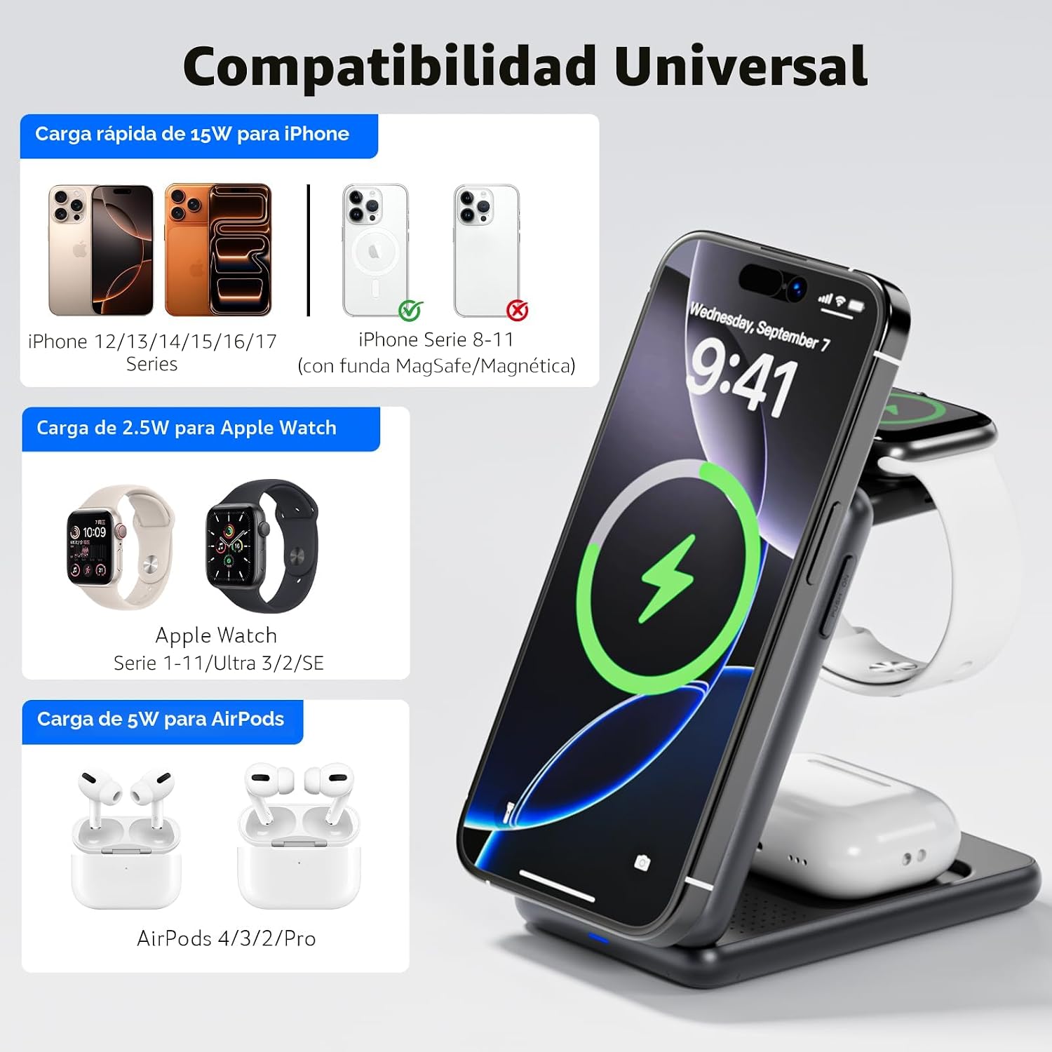 Estación de carga 3 en 1 de Acer para iPhone, soporte de cargador i...